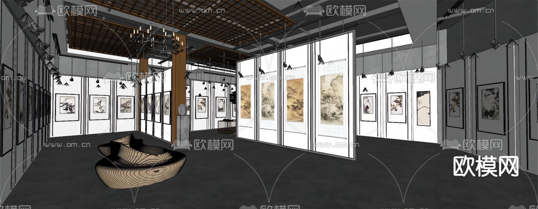 新中式国画展厅su模型下载（渲染图7）