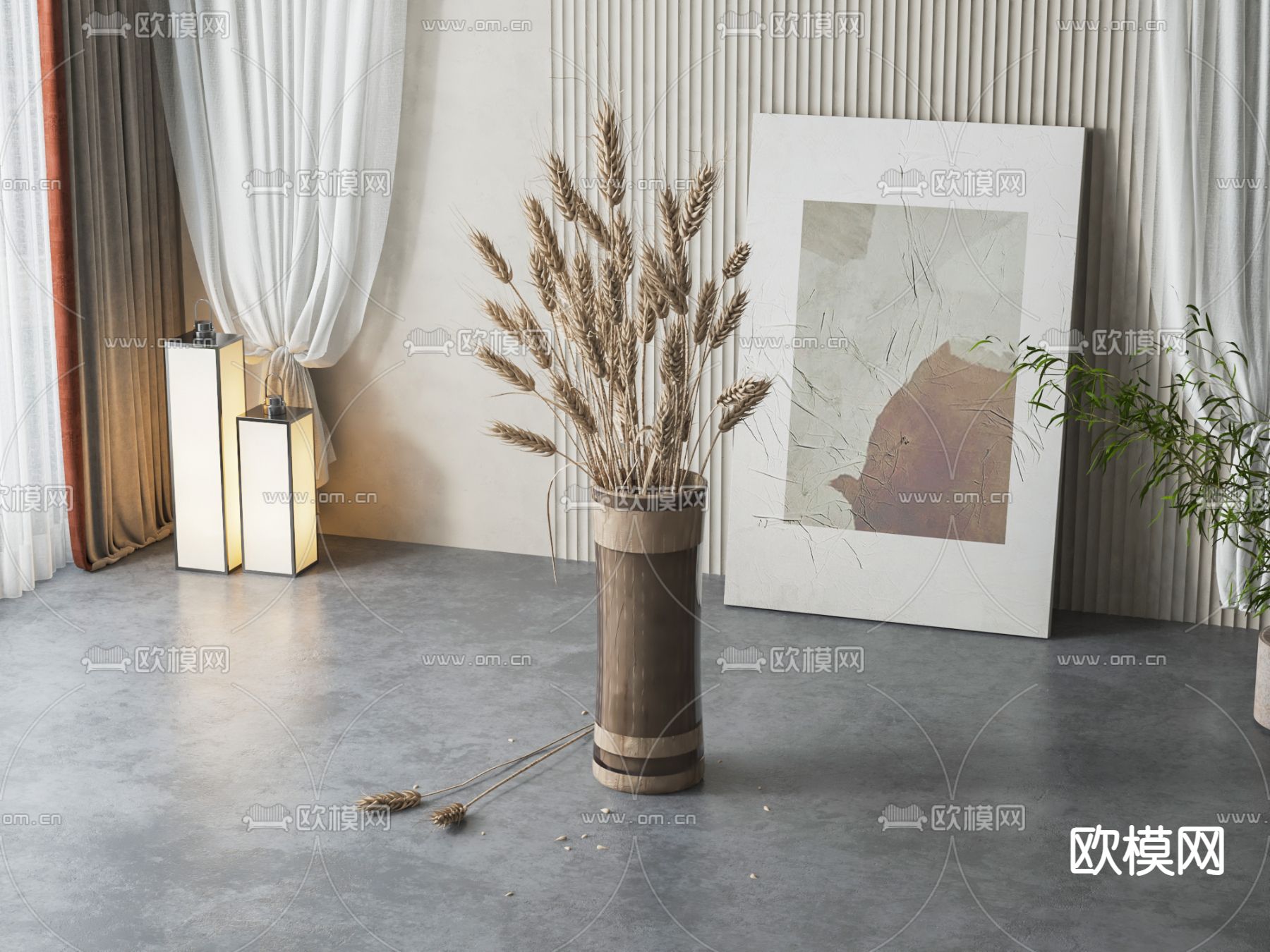 侘寂花瓶 花艺 麦穗 干花 插花3d模型下载