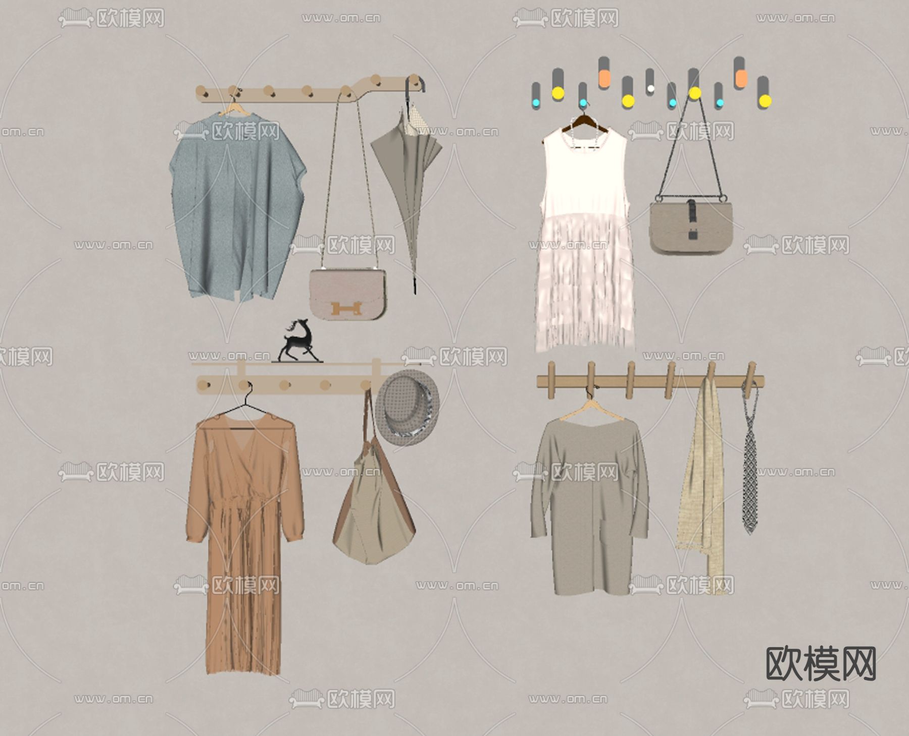 现代挂衣钩 衣服 帽子 包包su模型下载（渲染图2）