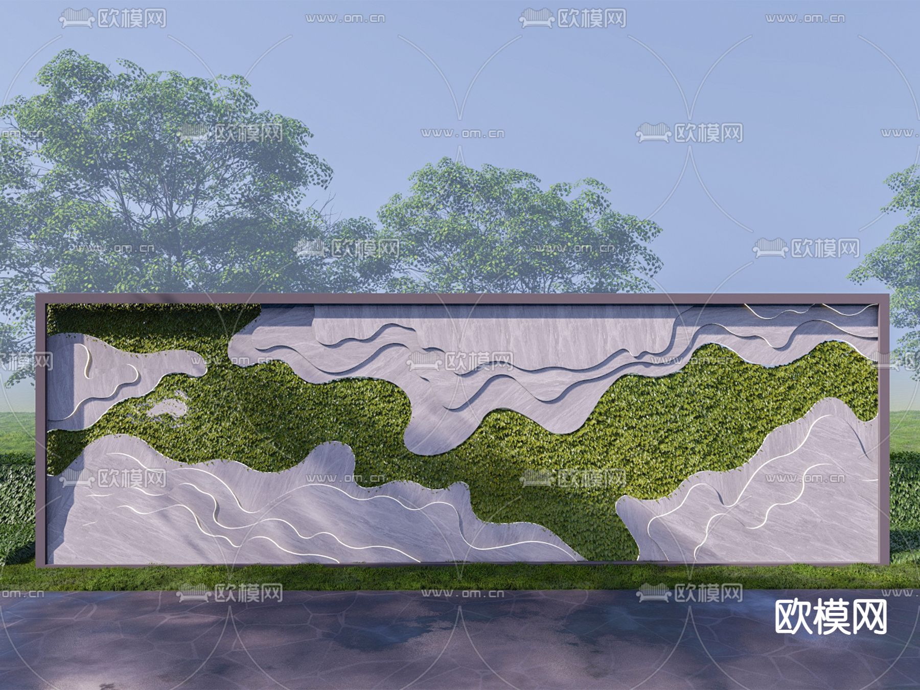 新中式山水景墙su模型下载（渲染图1）