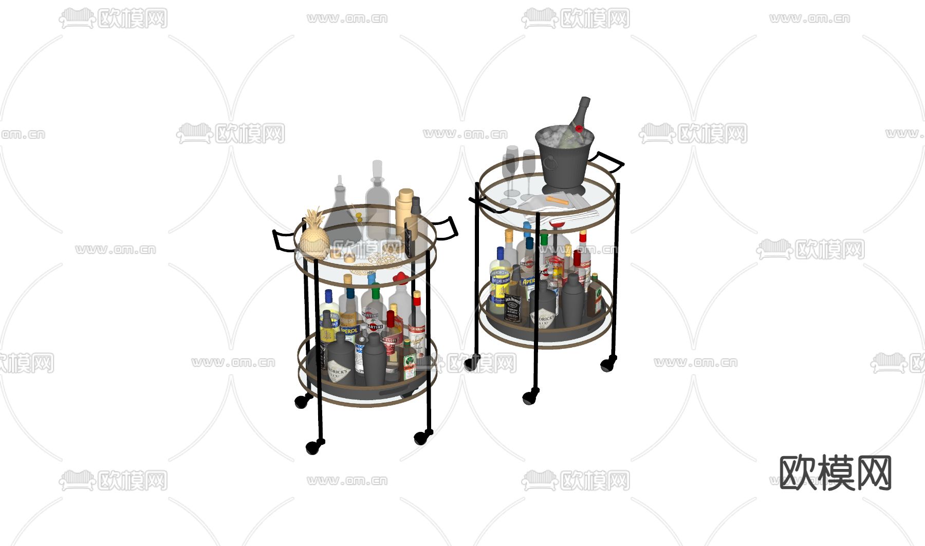 红酒推车酒架su模型下载（渲染图2）