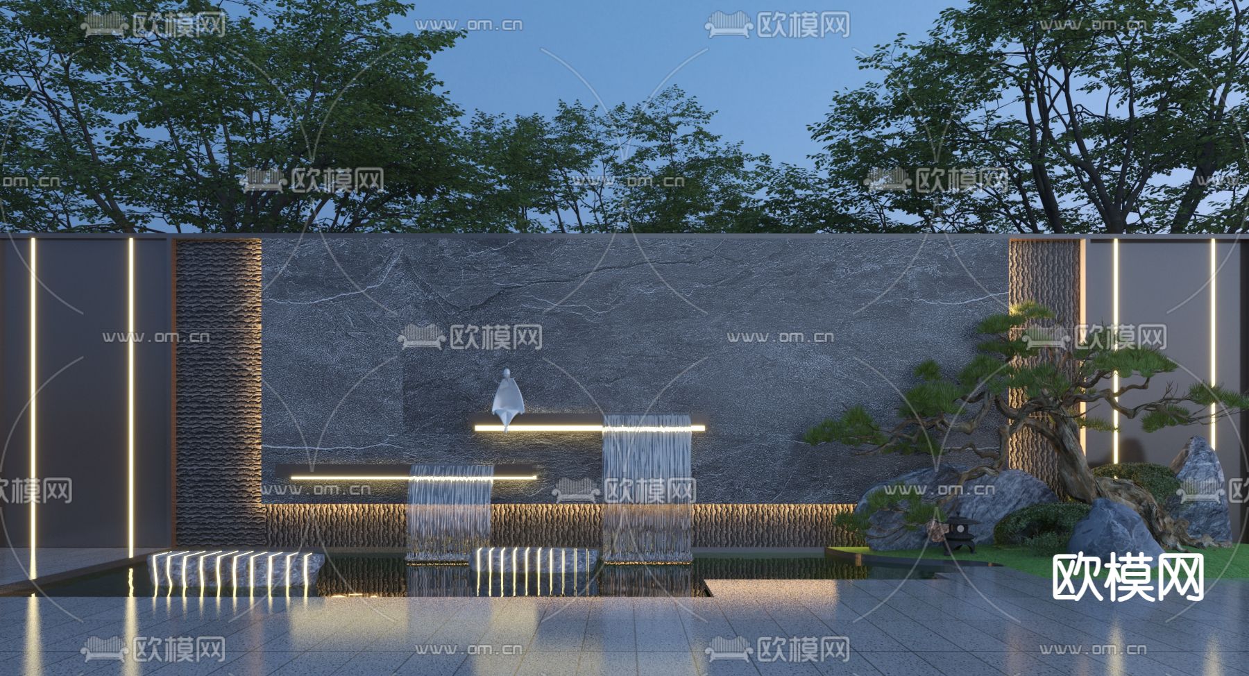 新中式流水景墙 围墙3d模型下载