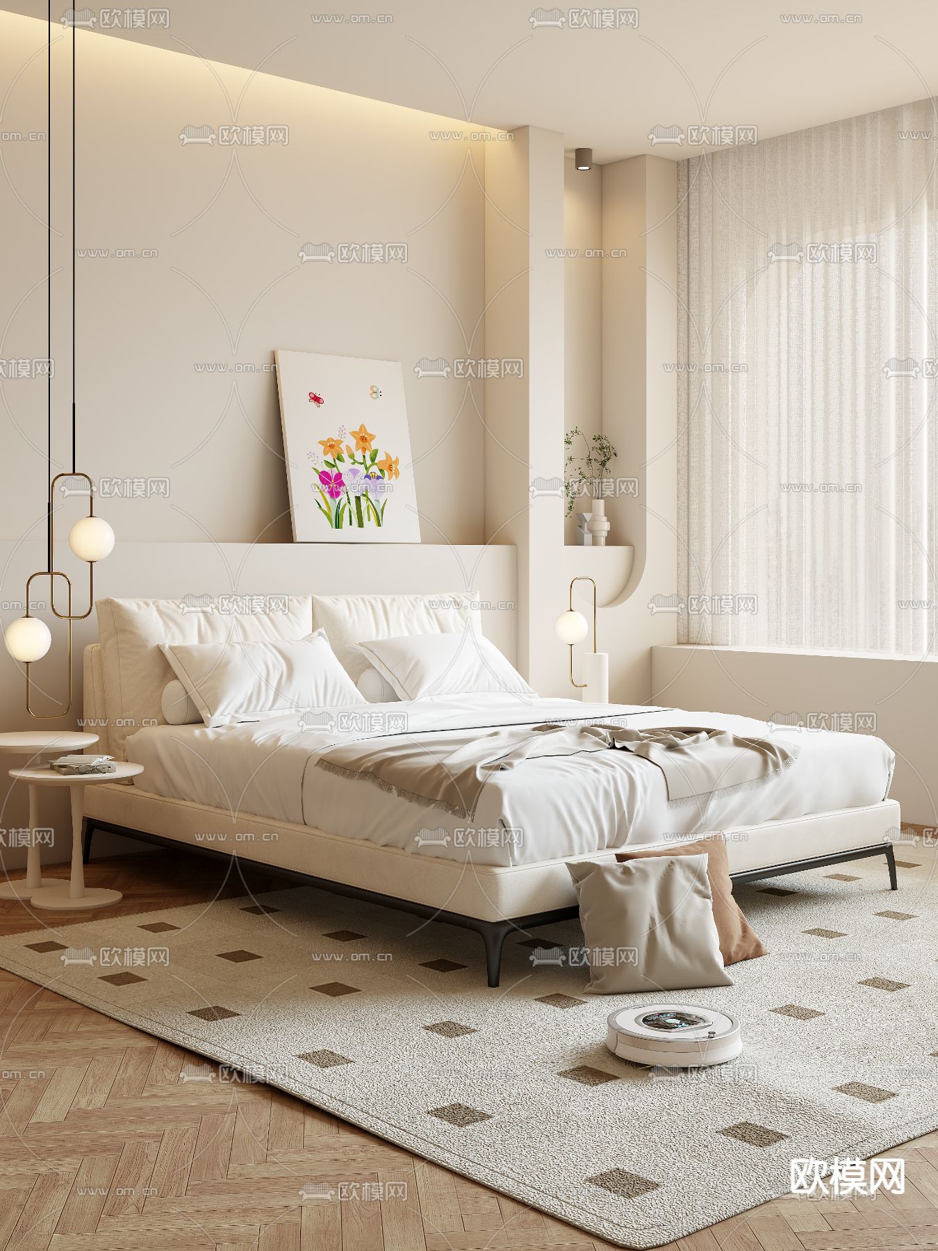 奶油风双人床3d模型下载