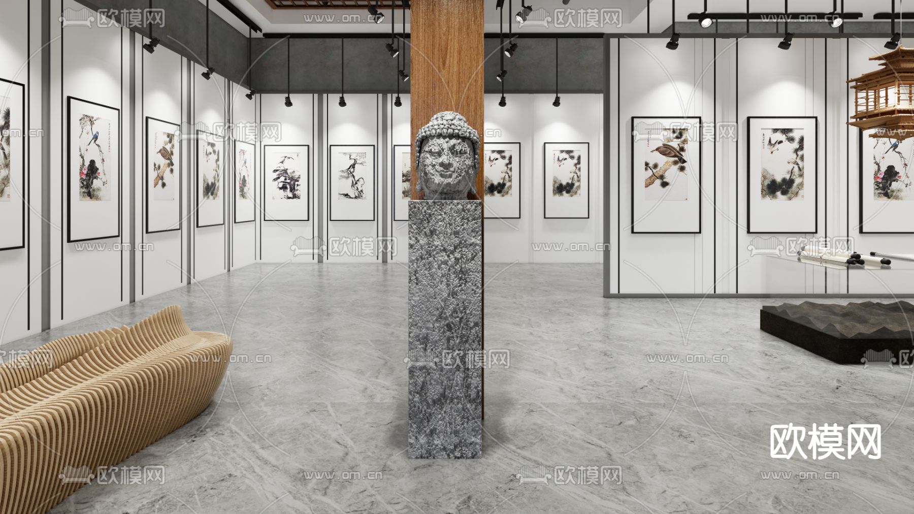 新中式国画展厅su模型下载（渲染图3）