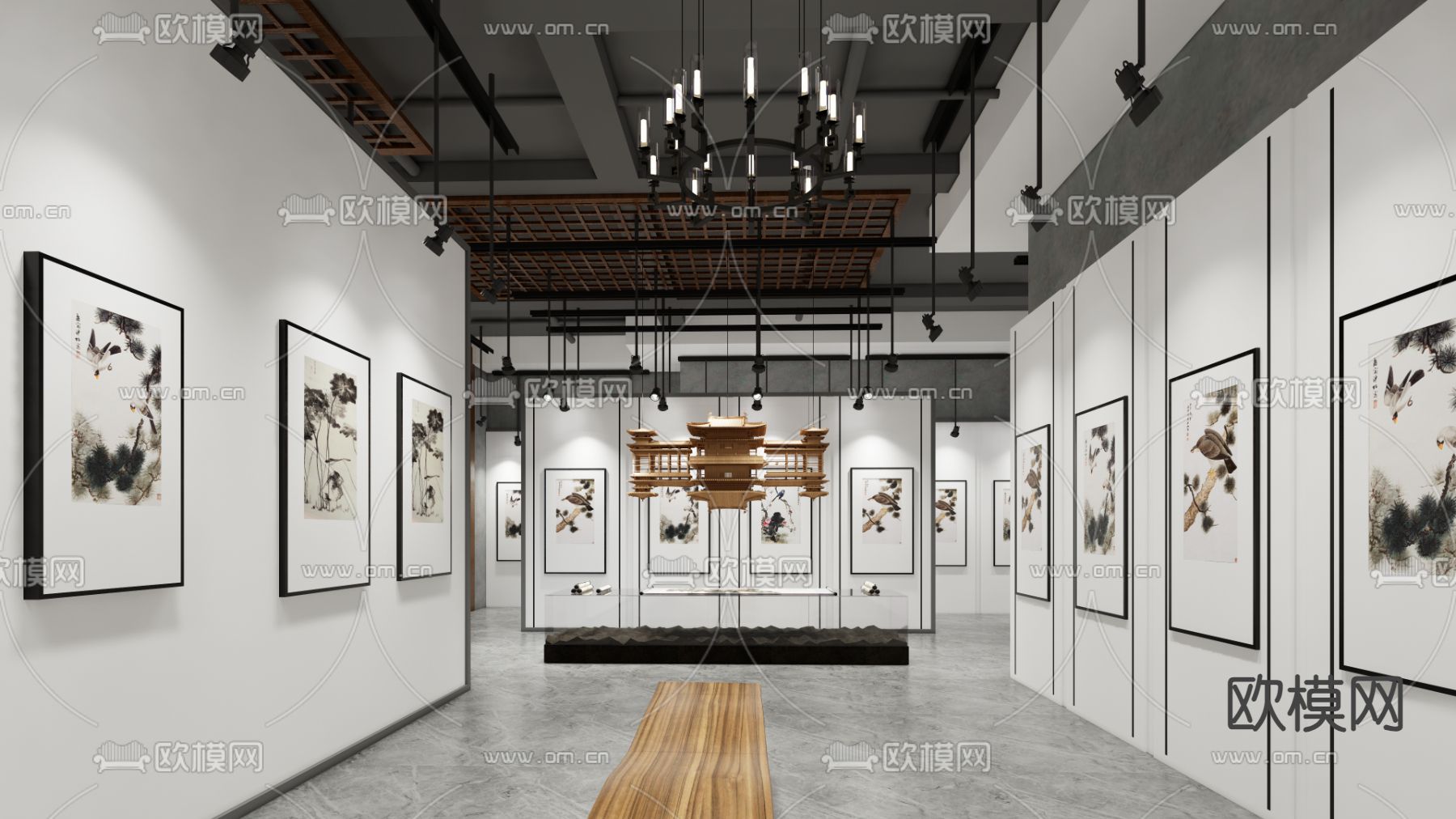 新中式国画展厅su模型下载（渲染图2）