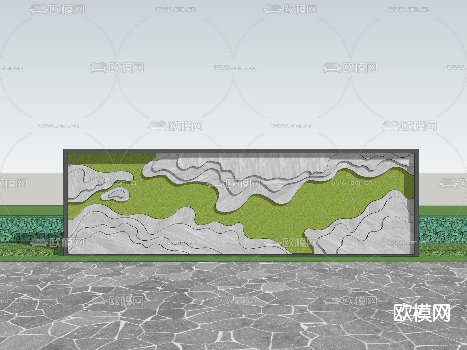 新中式山水景墙su模型下载（渲染图2）