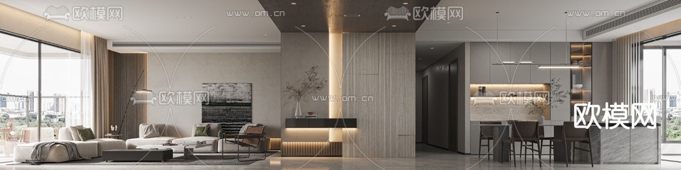 现代客厅 餐厅3d模型下载(渲染图4)