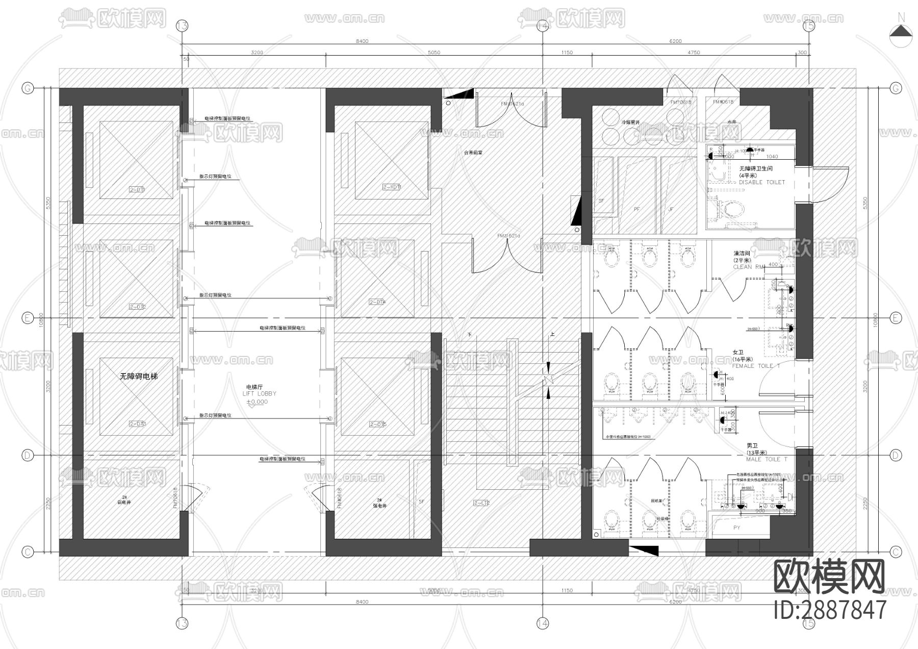 写字楼标准层电梯厅走廊卫生间CAD施工图下载（渲染图3）