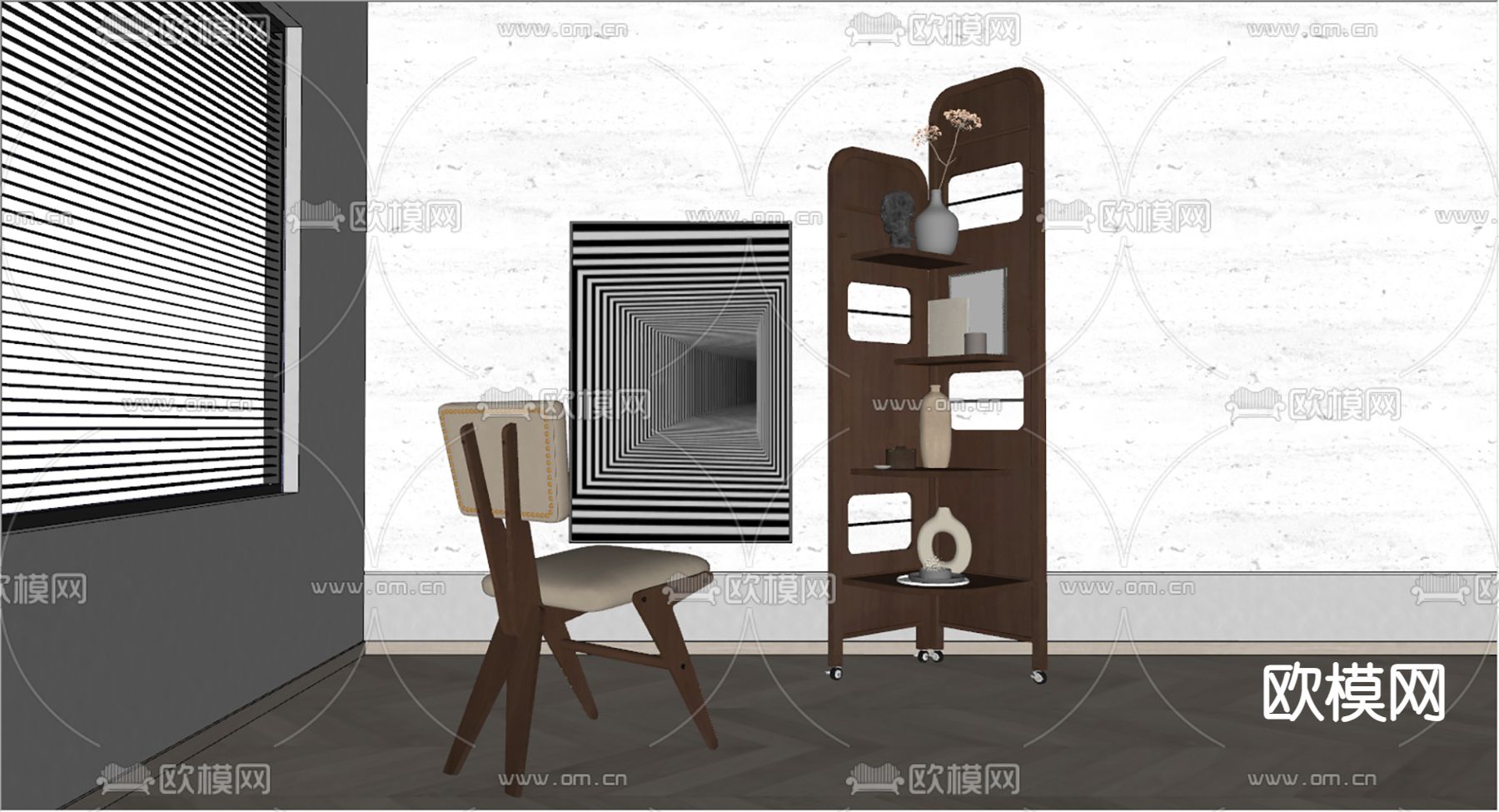 侘寂风单椅 书柜su模型下载（渲染图2）