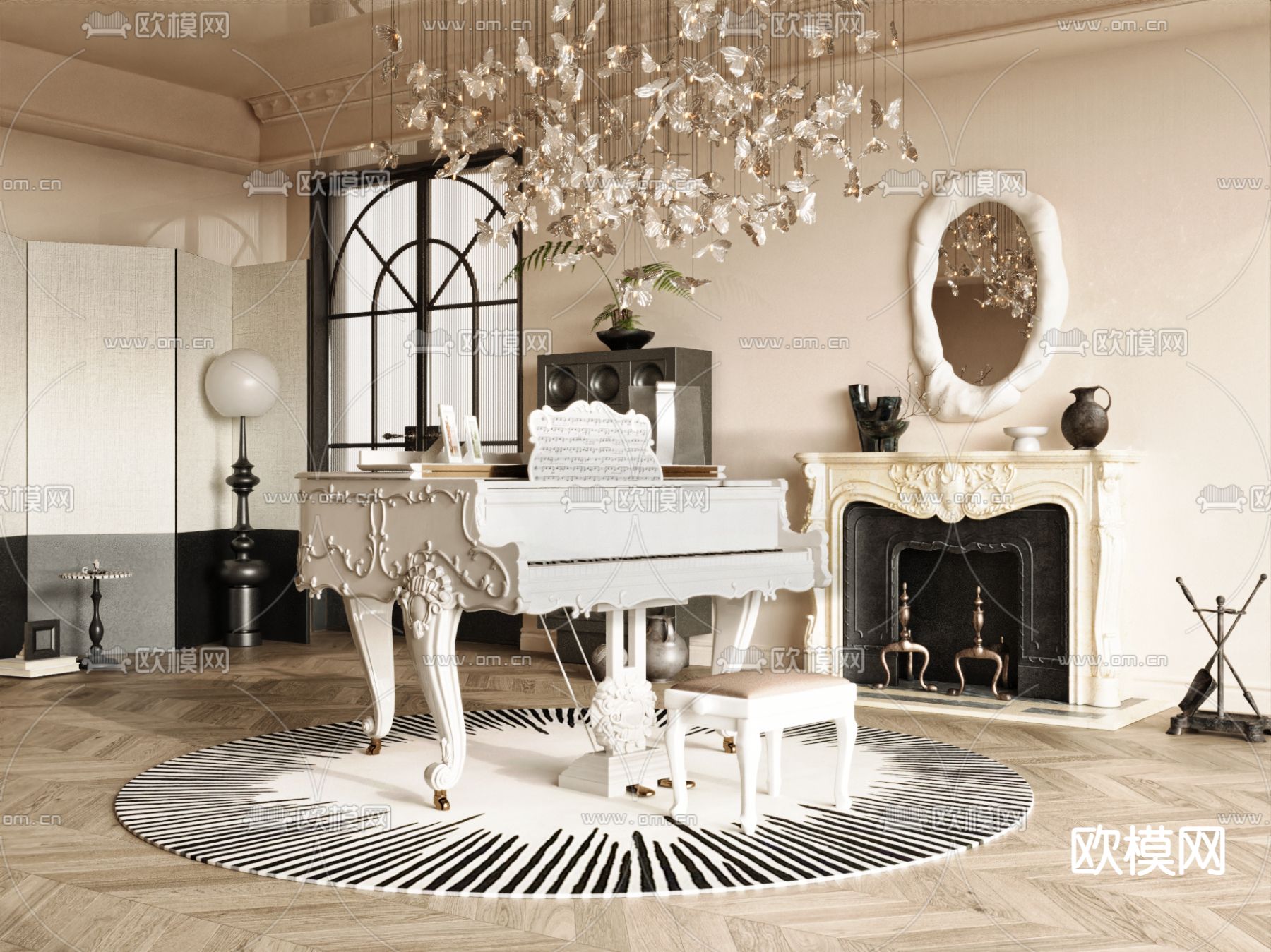 奶油风钢琴房su模型下载（渲染图1）