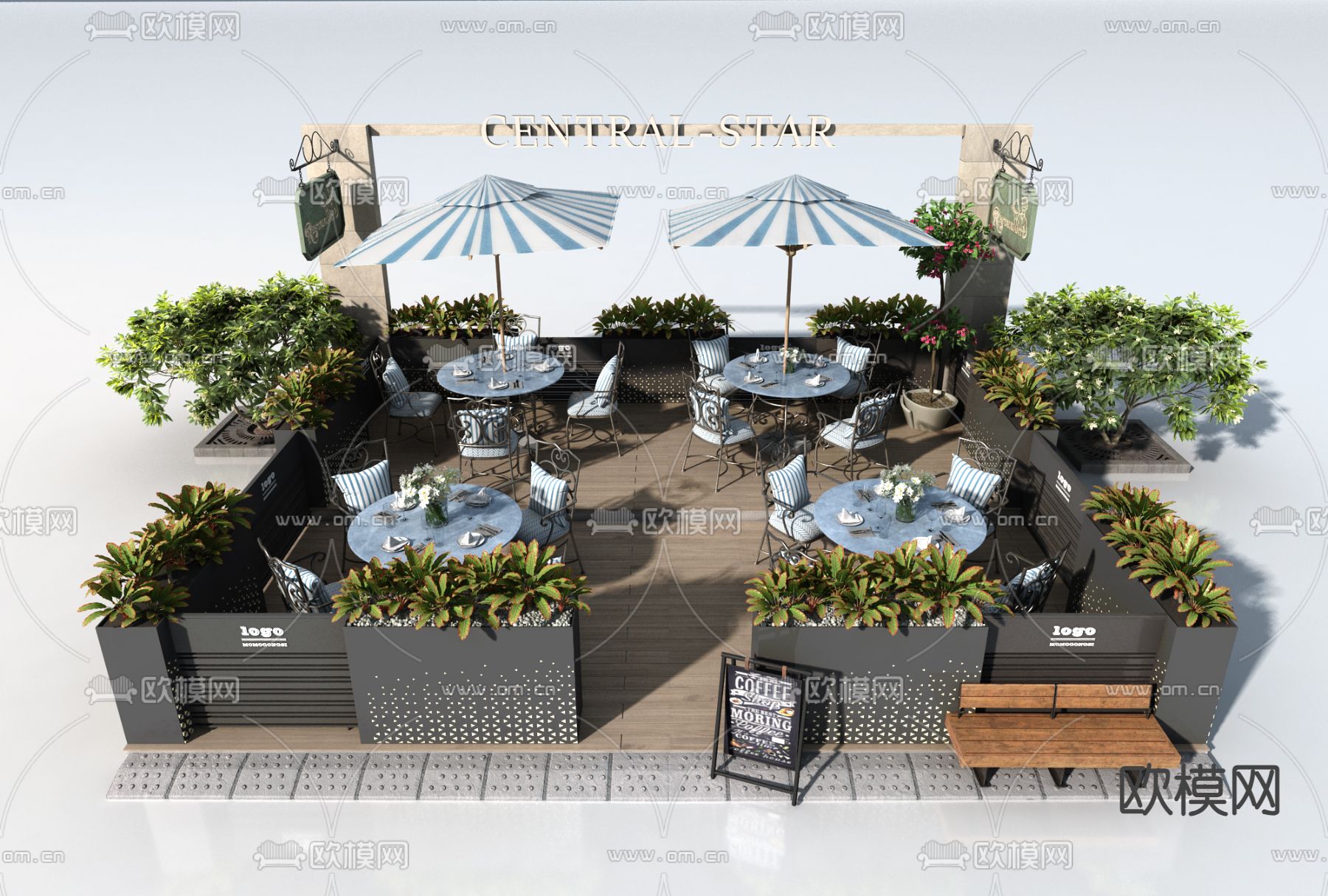 户外商业外摆 户外桌椅su模型下载（渲染图1）