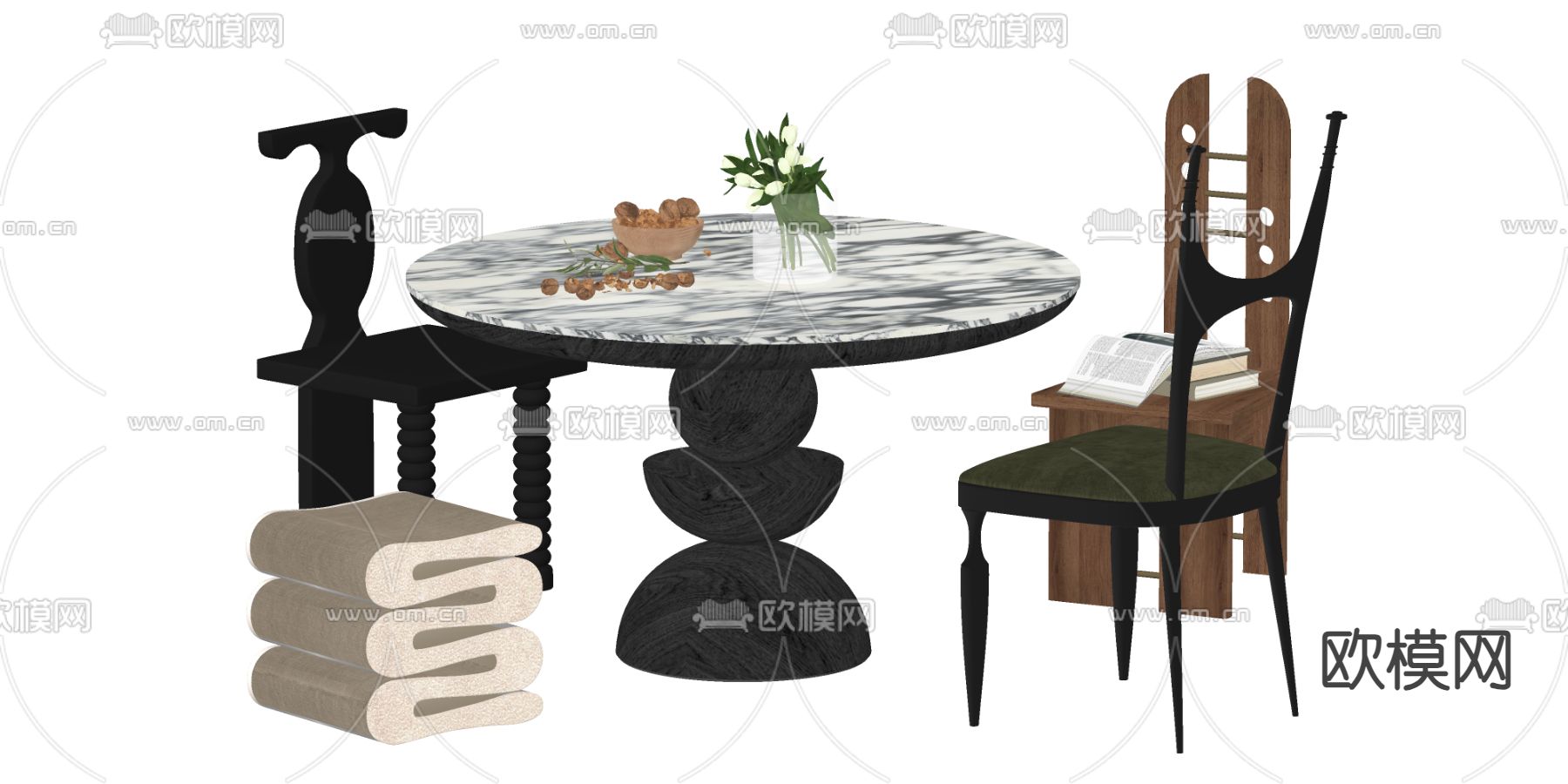 中古风餐桌椅su模型下载（渲染图2）