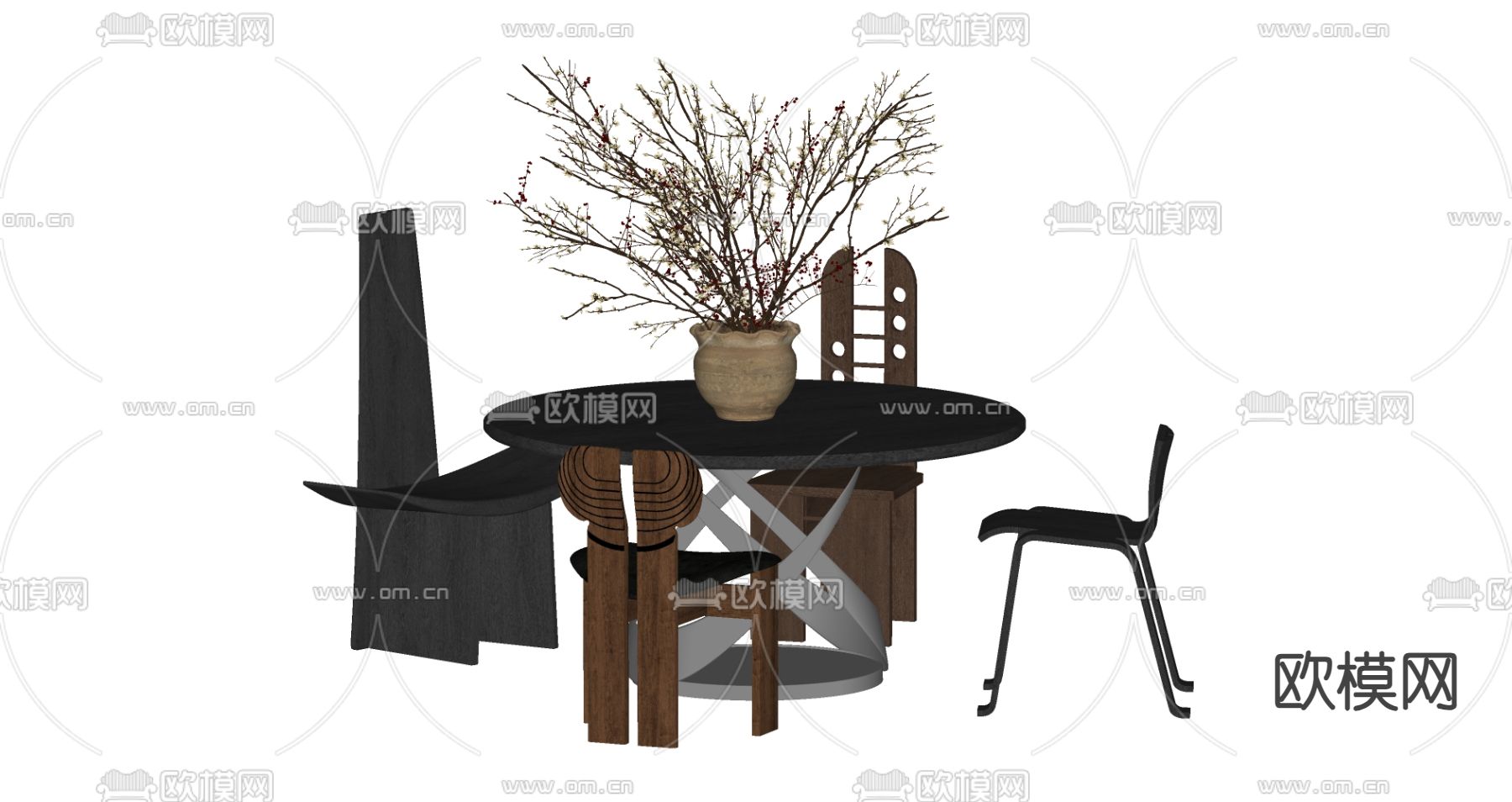 中古风餐桌椅su模型下载（渲染图2）