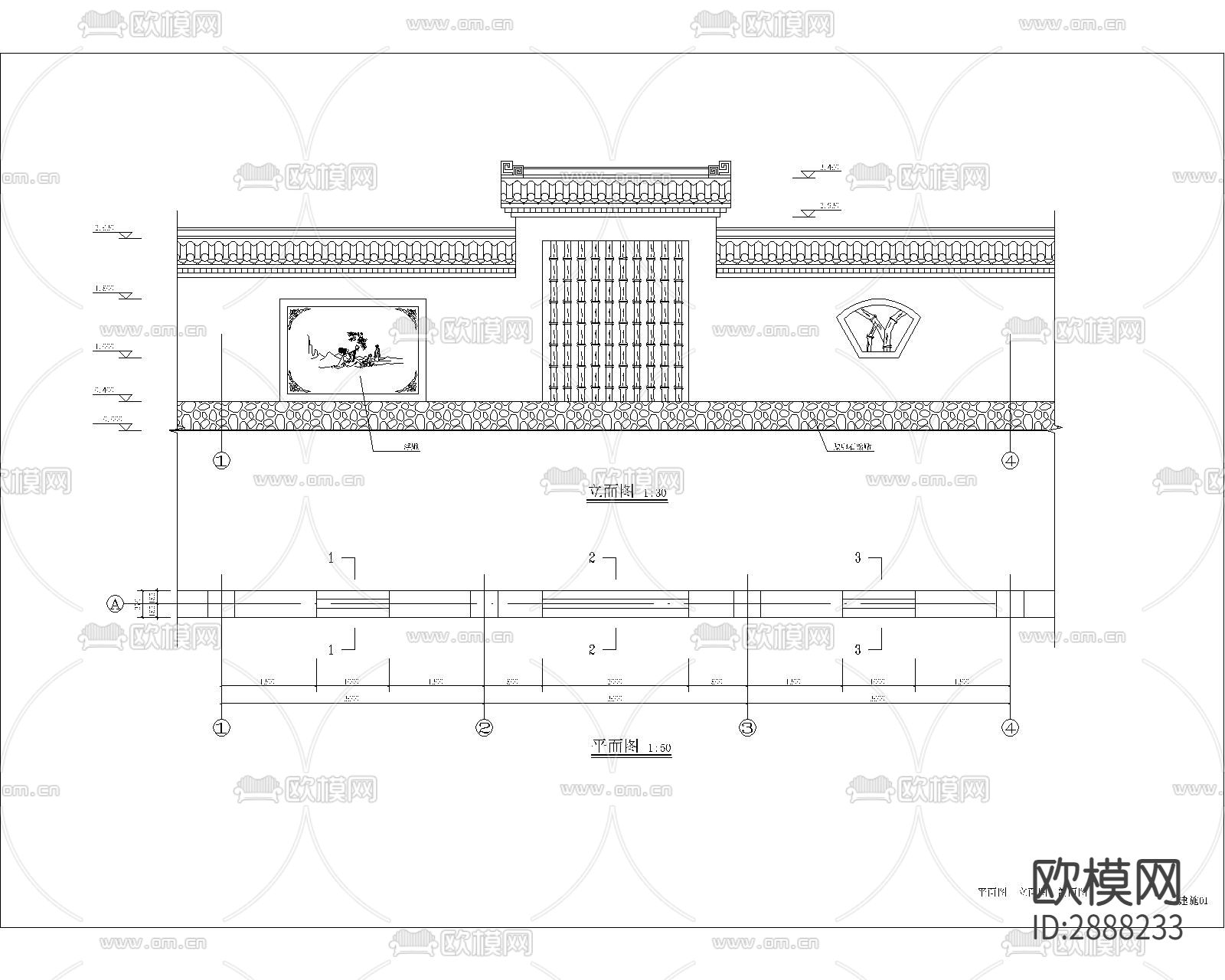 中式围墙cad大样图下载（渲染图4）