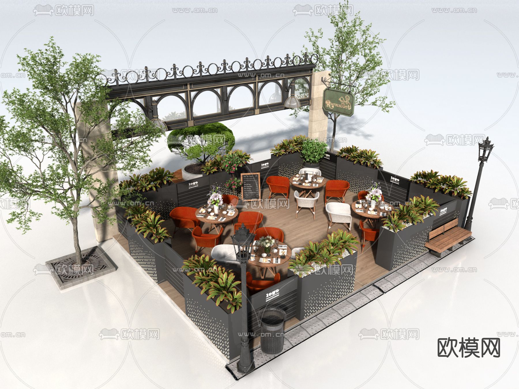 户外商业外摆 户外桌椅su模型下载（渲染图2）