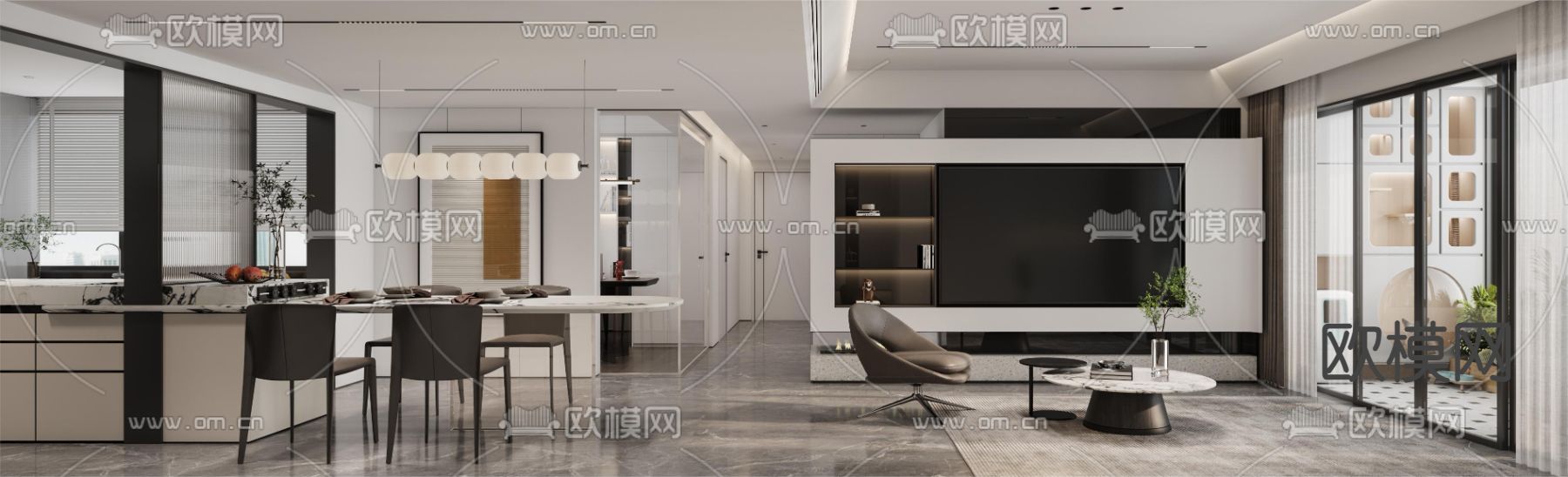 现代客厅 餐厅3d模型下载（渲染图3）