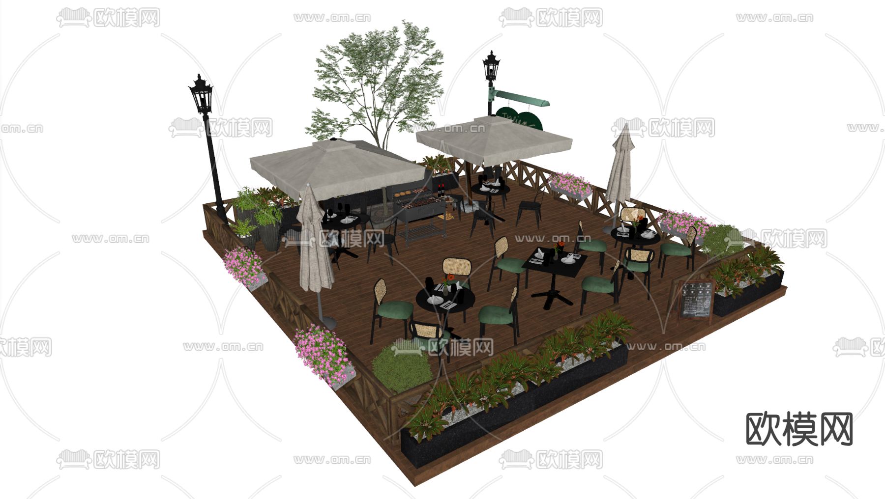 户外商业外摆 户外桌椅su模型下载（渲染图4）