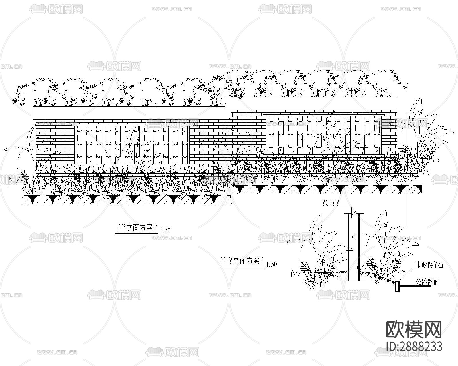 中式围墙cad大样图下载（渲染图5）