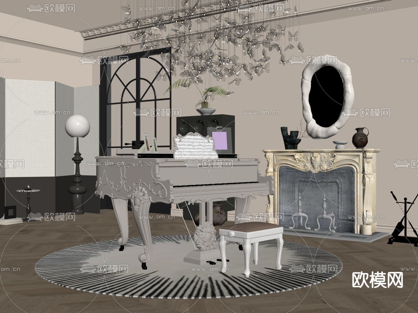 奶油风钢琴房su模型下载（渲染图2）