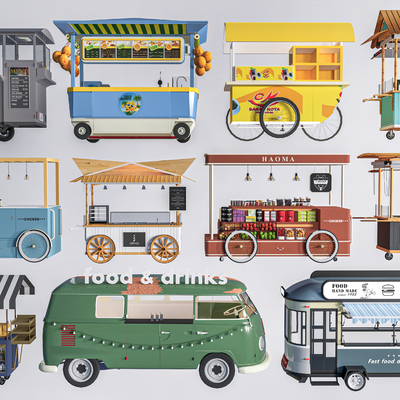  售卖亭 网红摊位 小吃摊su模型 