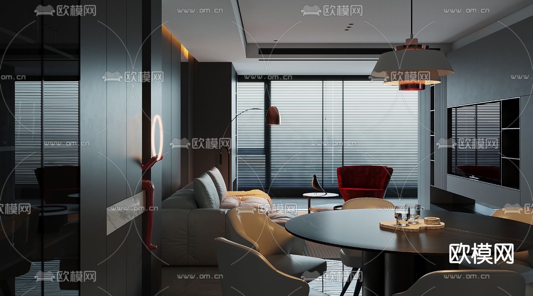 暗黑风客厅 餐厅3d模型下载（渲染图1）