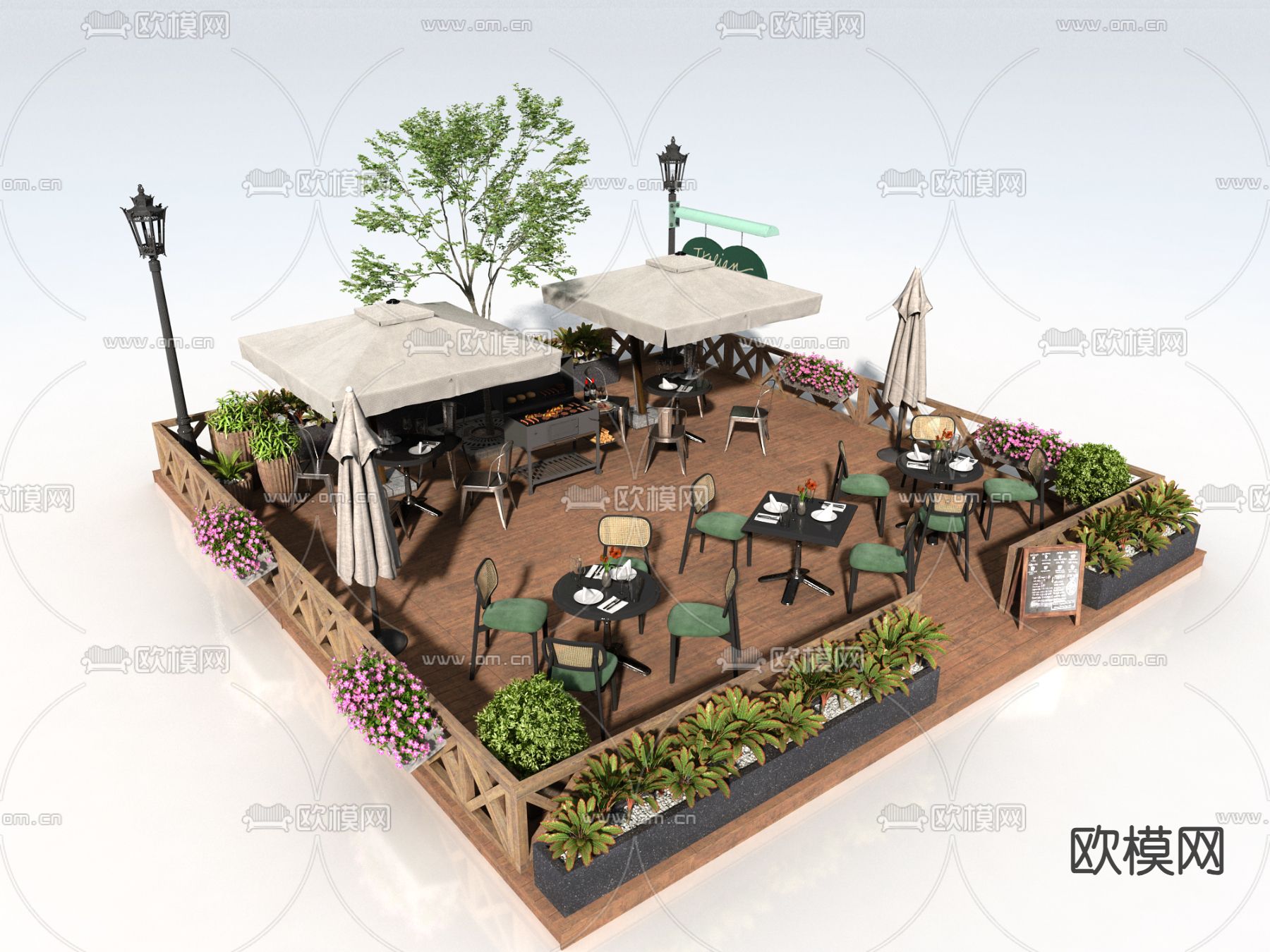 户外商业外摆 户外桌椅su模型下载（渲染图2）