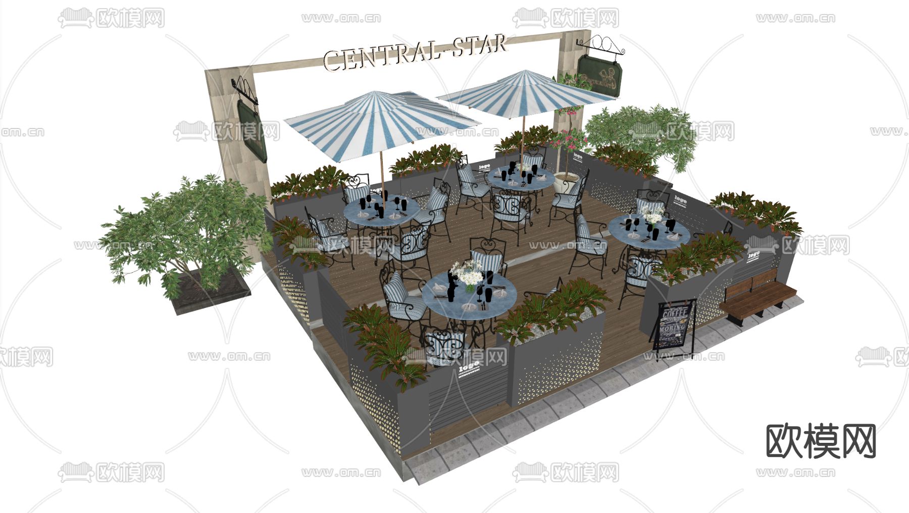 户外商业外摆 户外桌椅su模型下载（渲染图4）