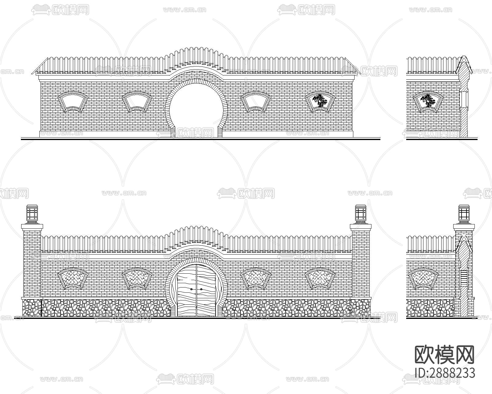 中式围墙cad大样图下载（渲染图3）