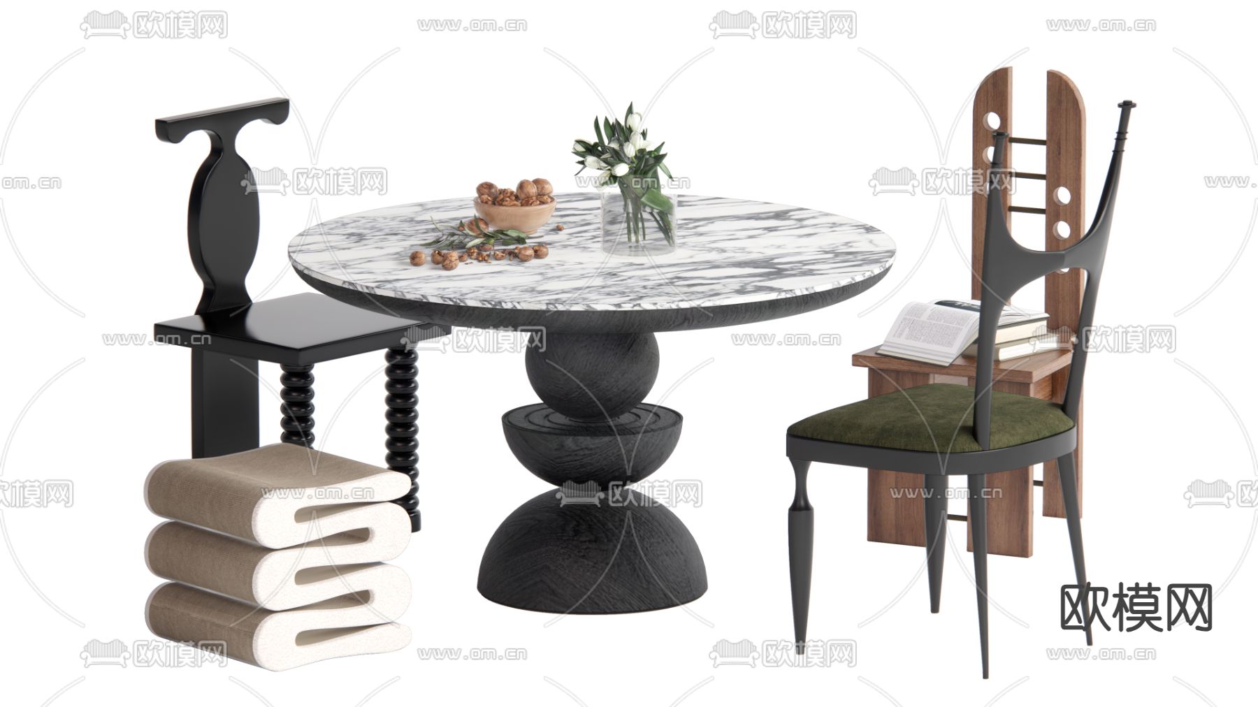 中古风餐桌椅su模型下载（渲染图1）