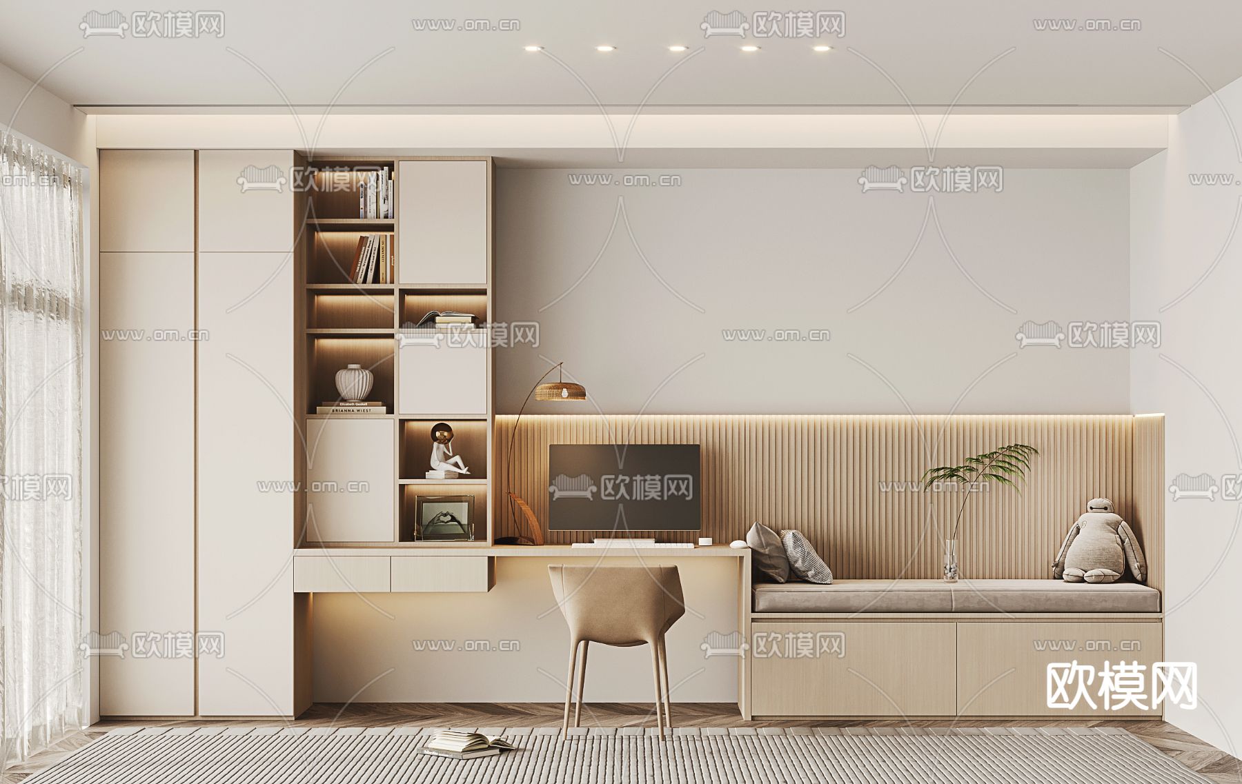 奶油风书桌 电脑桌3d模型下载