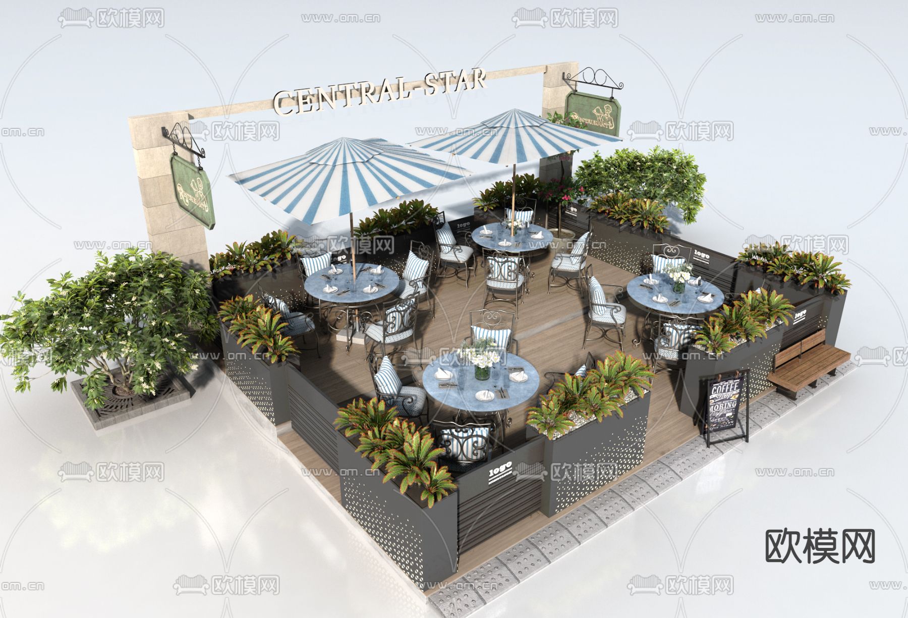 户外商业外摆 户外桌椅su模型下载（渲染图2）
