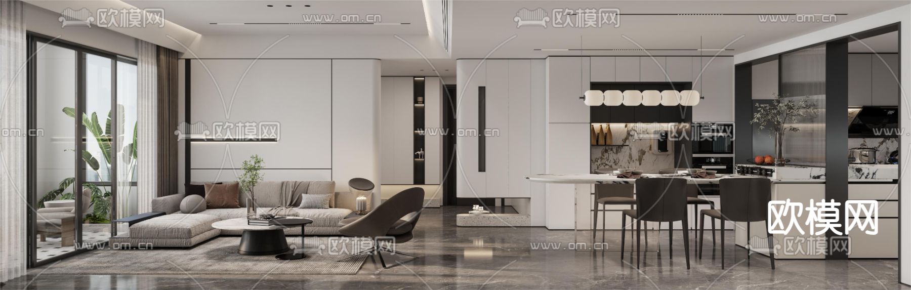 现代客厅 餐厅3d模型下载（渲染图1）