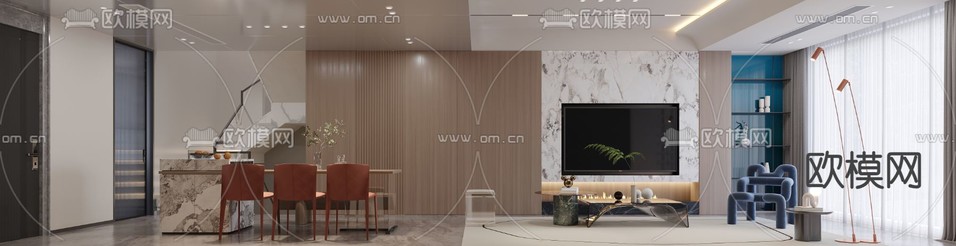 轻奢客厅 餐厅3d模型下载(渲染图2)