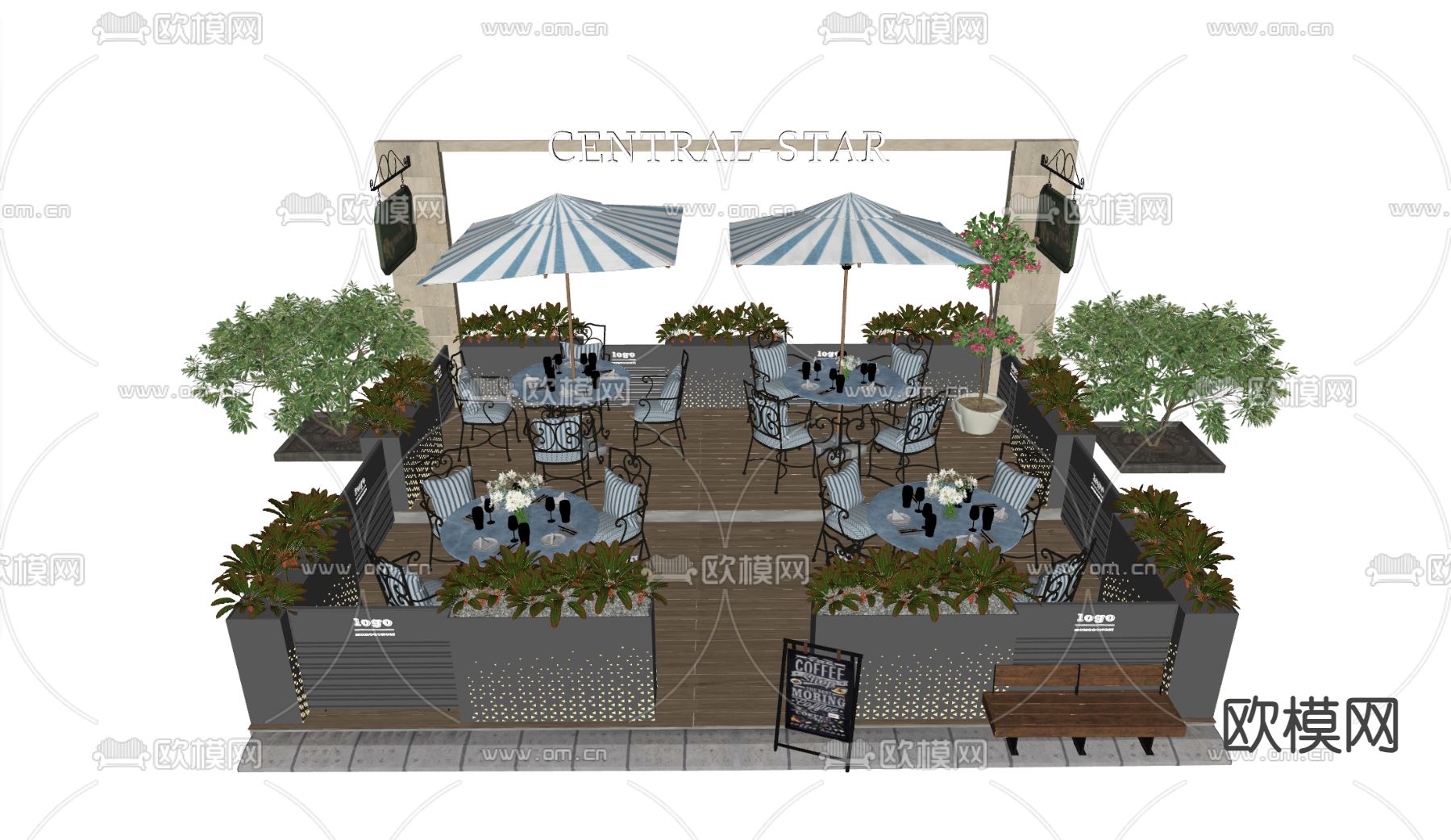 户外商业外摆 户外桌椅su模型下载（渲染图3）