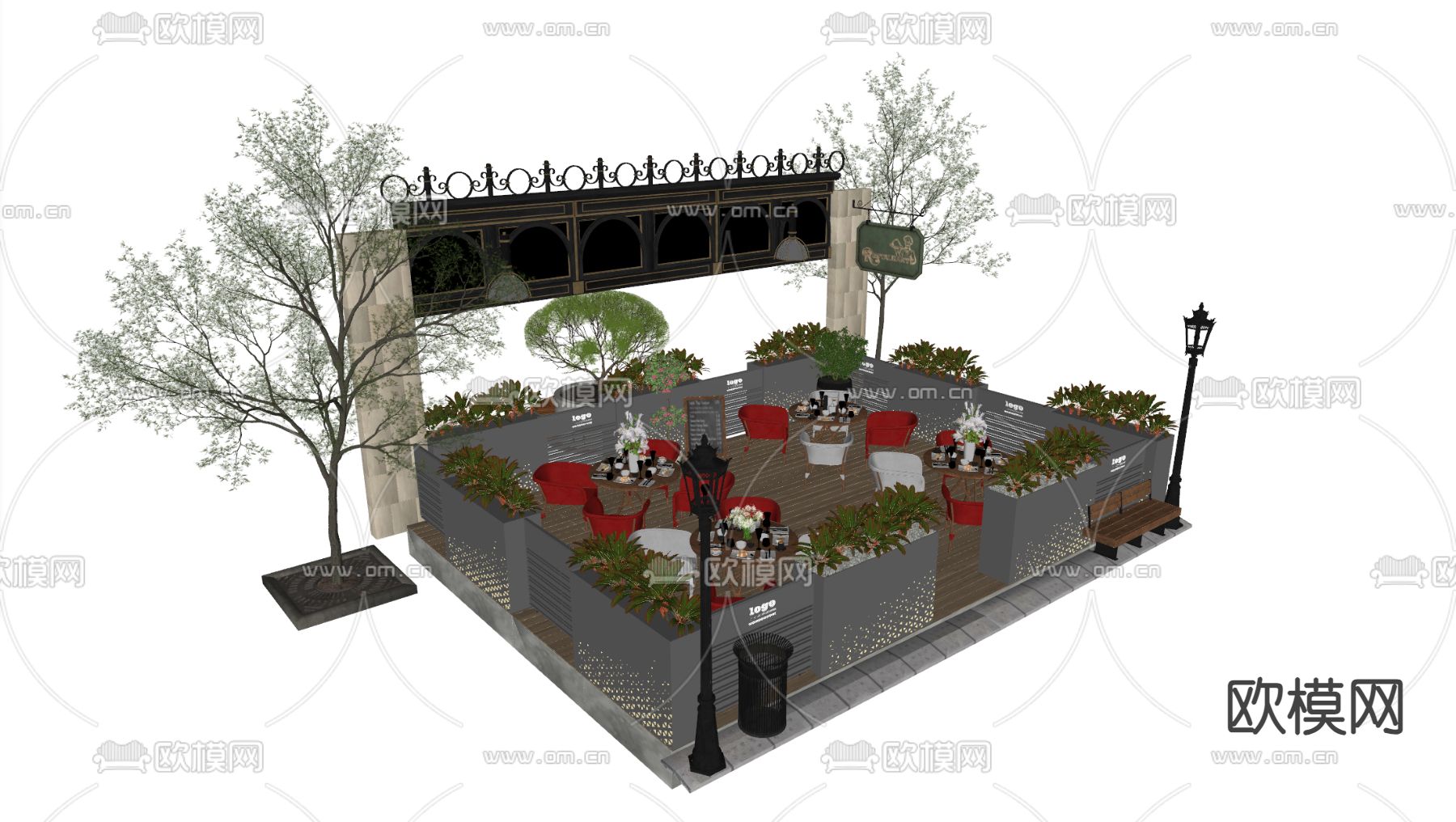 户外商业外摆 户外桌椅su模型下载（渲染图4）