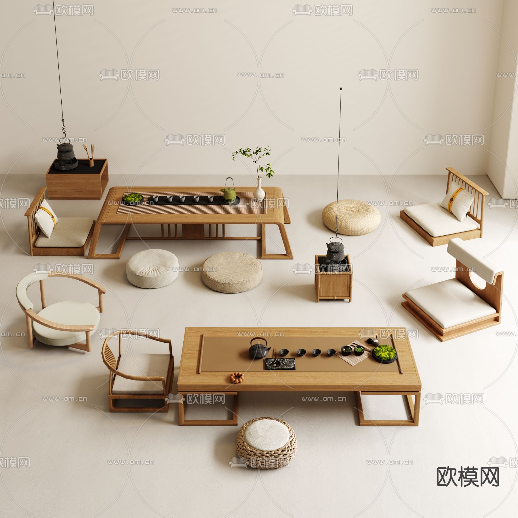 日式茶桌 榻榻米茶台 蒲团3d模型下载