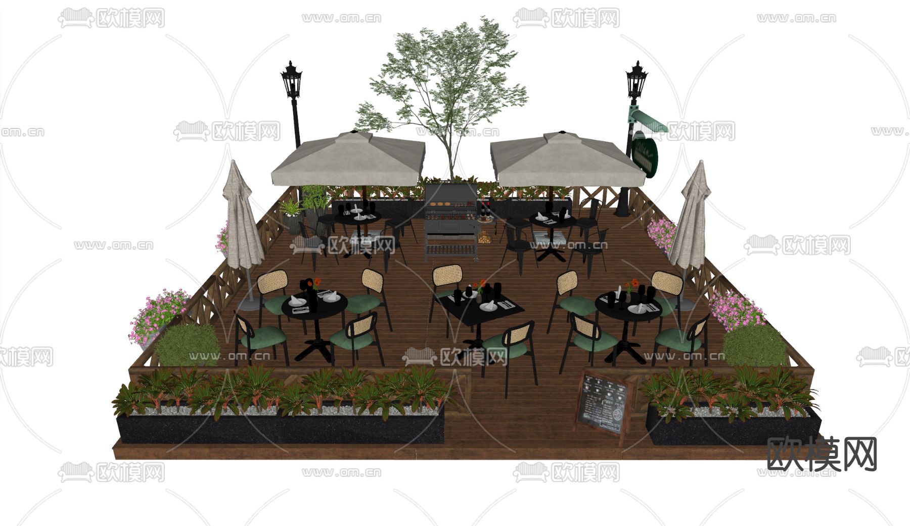 户外商业外摆 户外桌椅su模型下载（渲染图3）
