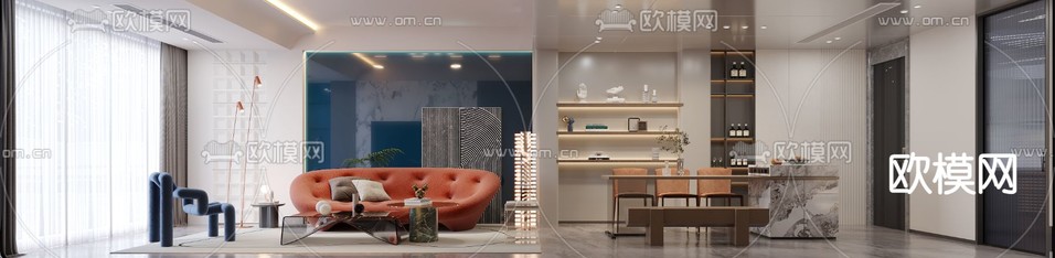 轻奢客厅 餐厅3d模型下载(渲染图1)