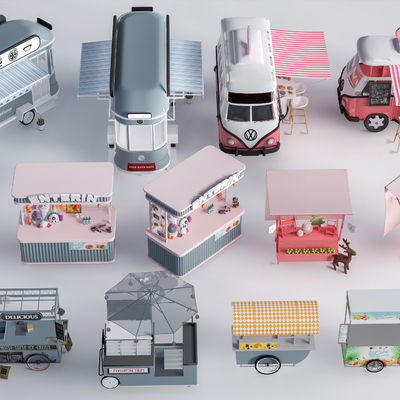  小吃车 售货亭 售卖车 小吃摊su模型 