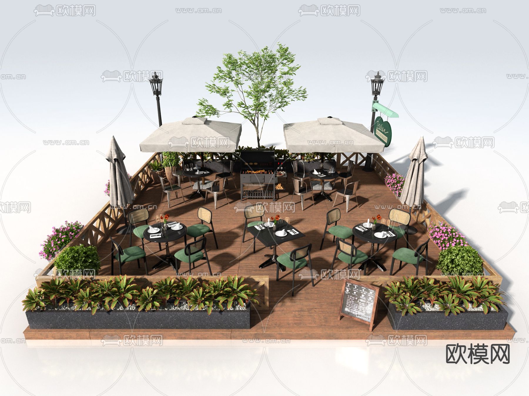 户外商业外摆 户外桌椅su模型下载（渲染图1）