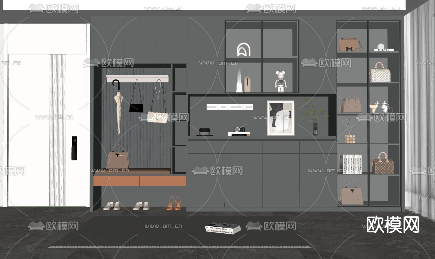 高级灰鞋柜su模型下载（渲染图2）