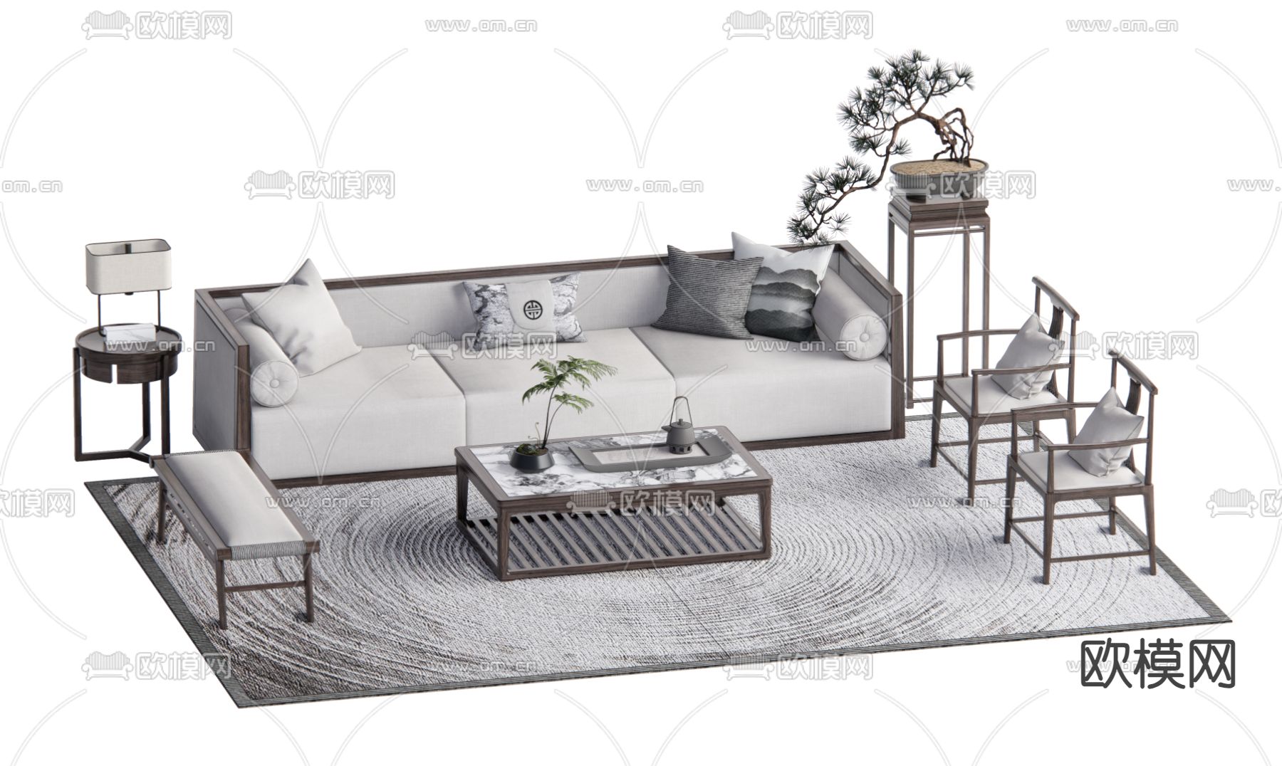 新中式组合沙发su模型下载（渲染图1）