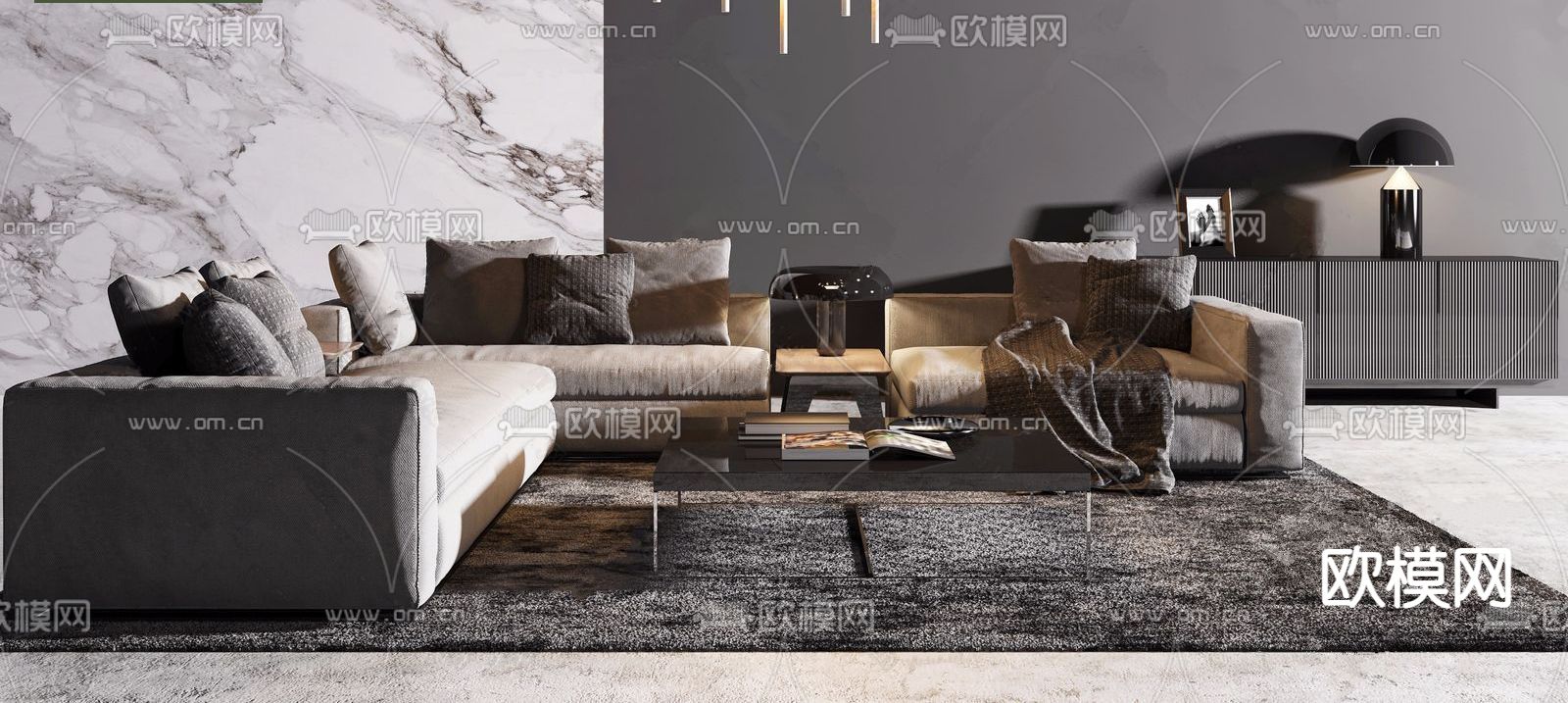 意大利 米洛提 Minotti 组合沙发su模型下载（渲染图1）