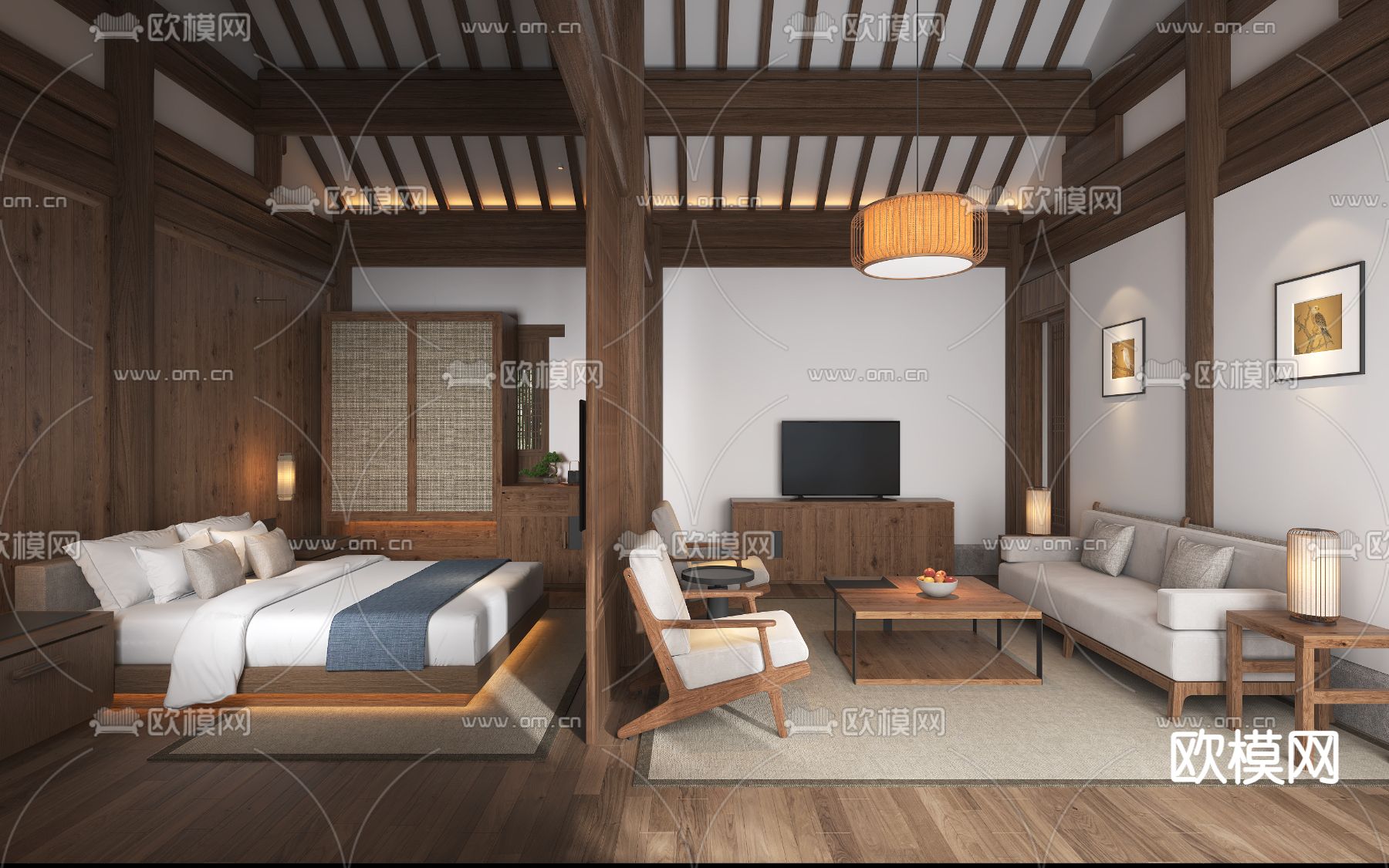 中式民宿客房3d模型下载（渲染图2）