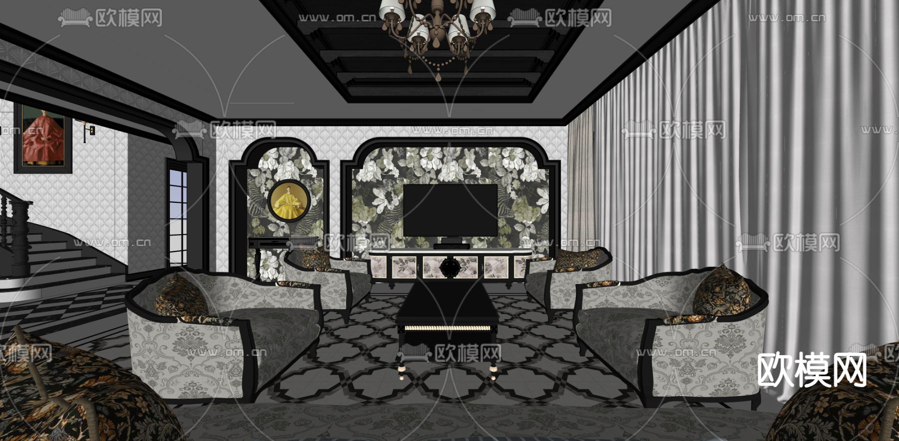 欧式古典客厅su模型下载（渲染图5）