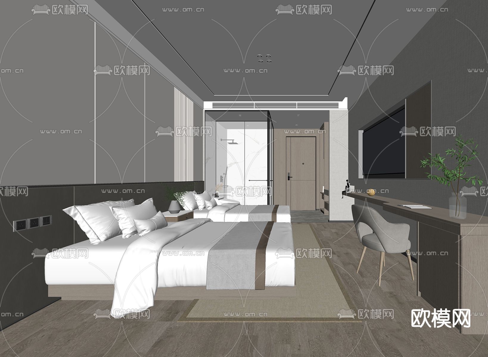 现代酒店客房su模型下载（渲染图2）