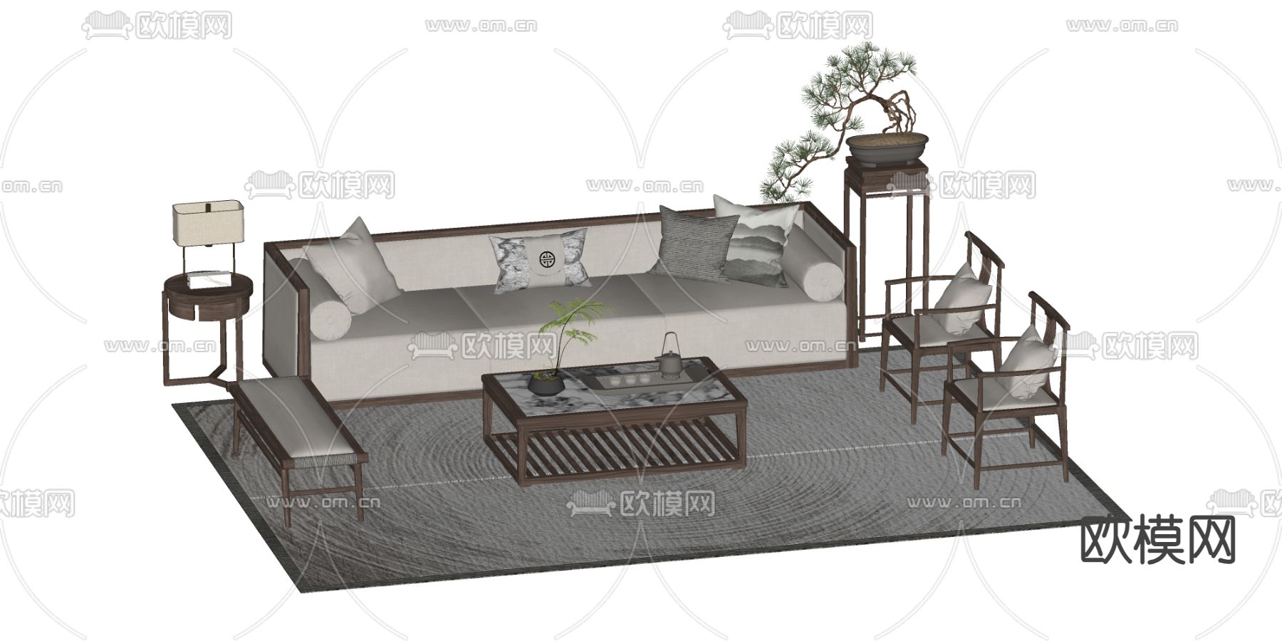 新中式组合沙发su模型下载（渲染图2）