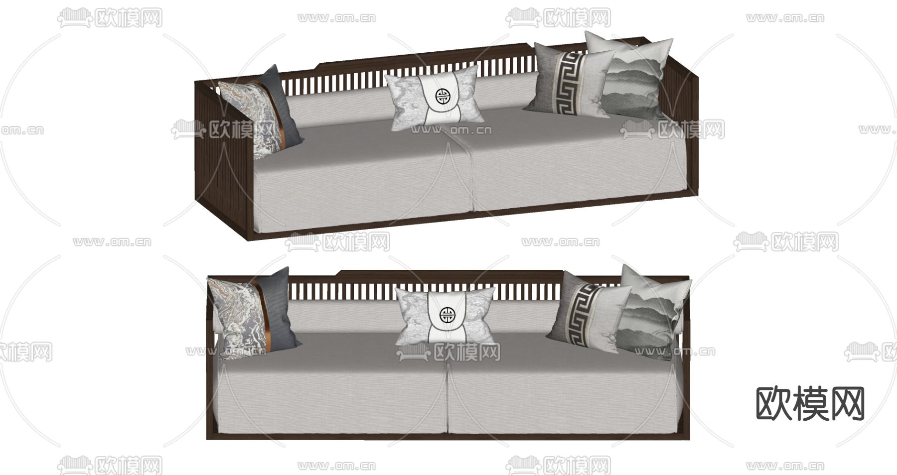 新中式多人沙发su模型下载（渲染图2）