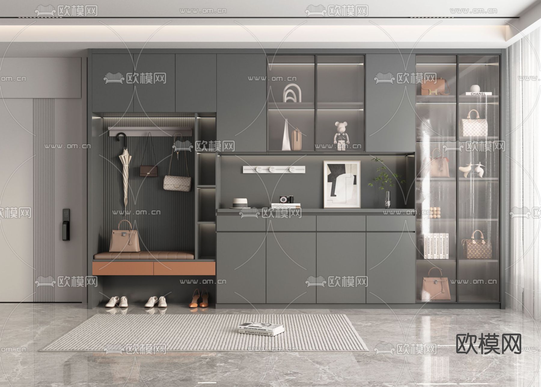 高级灰鞋柜su模型下载（渲染图1）