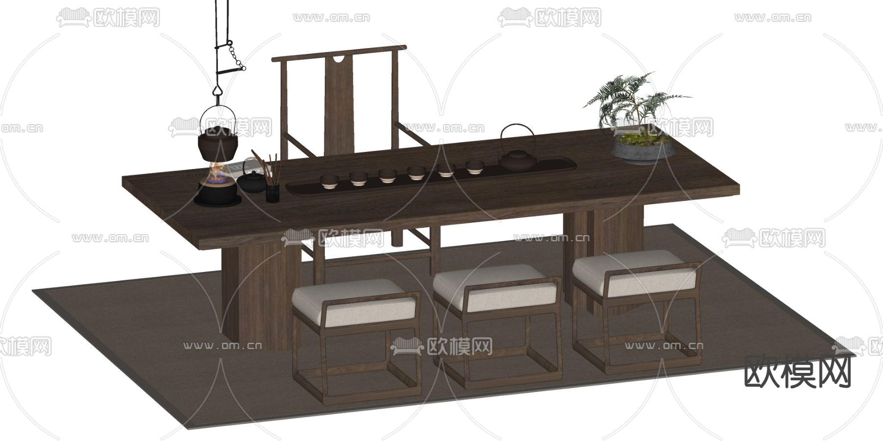 新中式茶桌 茶台su模型下载（渲染图2）
